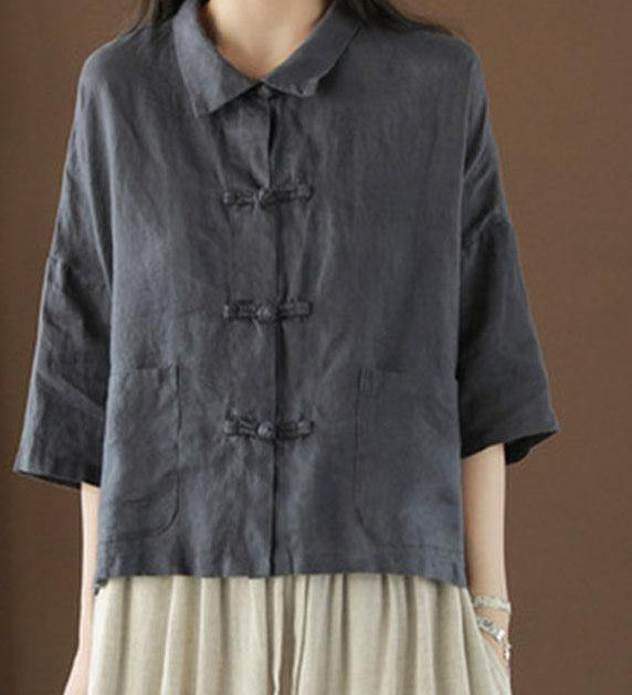 Beautiful Green Peter Pan Collar Pockets Summer Linen top
