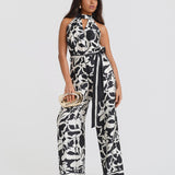Black Floral Satin Halterneck Jumpsuit
