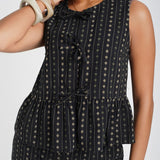Black Floral Tie Front Peplum Top