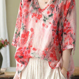 Boutique Pink V Neck Print Loose Fall Half Sleeve Blouses