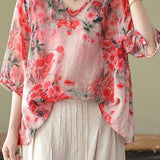 Boutique Pink V Neck Print Loose Fall Half Sleeve Blouses
