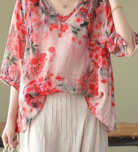 Boutique Pink V Neck Print Loose Fall Half Sleeve Blouses