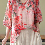 Boutique Pink V Neck Print Loose Fall Half Sleeve Blouses