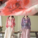Boutique Pink V Neck Print Loose Fall Half Sleeve Blouses