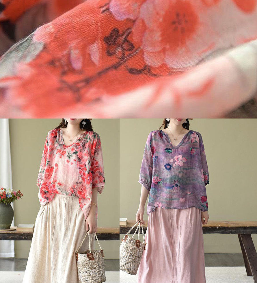 Boutique Pink V Neck Print Loose Fall Half Sleeve Blouses