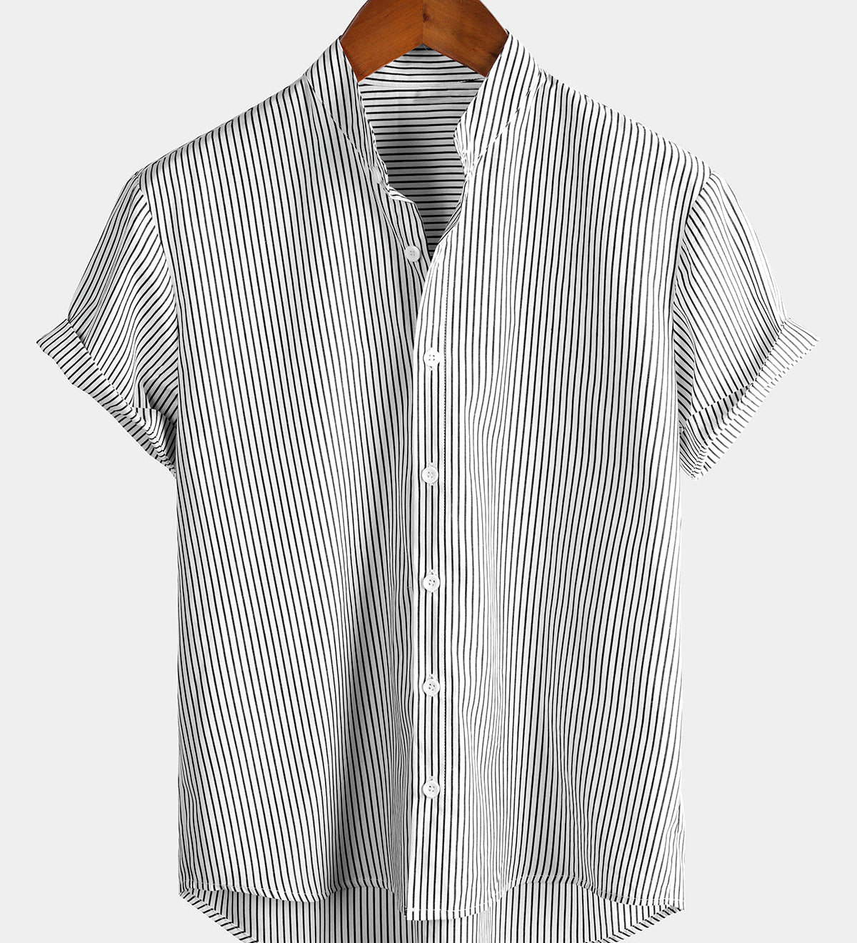 Men's Cotton Henley Breathable Stand Collar Solid Color Short Sleeve Classic Vertical Striped Shirt