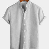 Men's Cotton Henley Breathable Stand Collar Solid Color Short Sleeve Classic Vertical Striped Shirt