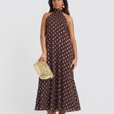 Dark Brown Foil Halter Midaxi Dress