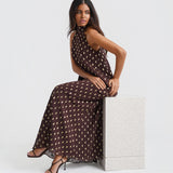 Dark Brown Foil Halter Midaxi Dress