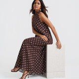 Dark Brown Foil Halter Midaxi Dress