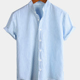 Men's Cotton Henley Breathable Stand Collar Solid Color Short Sleeve Classic Vertical Striped Shirt