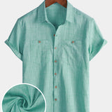 Men's Casual Breathable 100% Cotton Dual Pocket Short Sleeve Collar Shirt