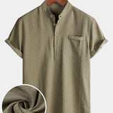 Men's Casual Solid Stand Collar Half Placket Short Sleeve Shirt