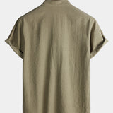 Men's Casual Solid Stand Collar Half Placket Short Sleeve Shirt