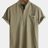 Men's Casual Solid Stand Collar Half Placket Short Sleeve Shirt