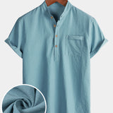 Men's Casual Solid Stand Collar Half Placket Short Sleeve Shirt