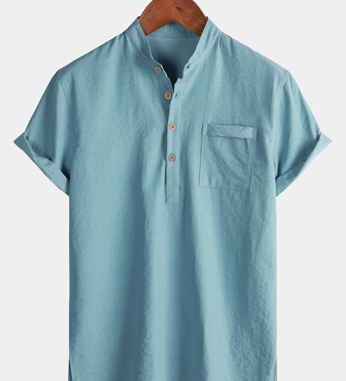 Men's Casual Solid Stand Collar Half Placket Short Sleeve Shirt