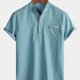 Men's Casual Solid Stand Collar Half Placket Short Sleeve Shirt