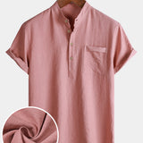 Men's Casual Solid Stand Collar Half Placket Short Sleeve Shirt