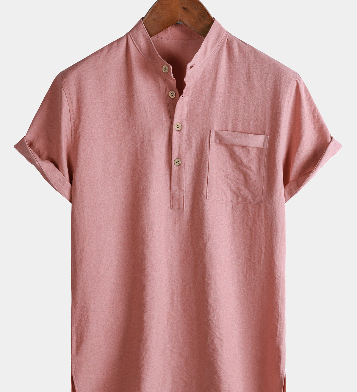 Men's Casual Solid Stand Collar Half Placket Short Sleeve Shirt