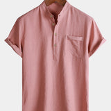 Men's Casual Solid Stand Collar Half Placket Short Sleeve Shirt