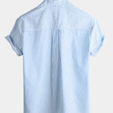 Men's Cotton Henley Breathable Stand Collar Solid Color Short Sleeve Classic Vertical Striped Shirt