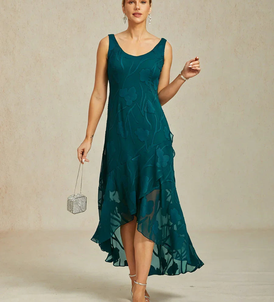 Floral Chiffon Sleeveless Evening Gown with Asymmetrical Hem