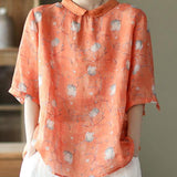 DIY Orange Print Ramie Half Sleeve Shirt Summer
