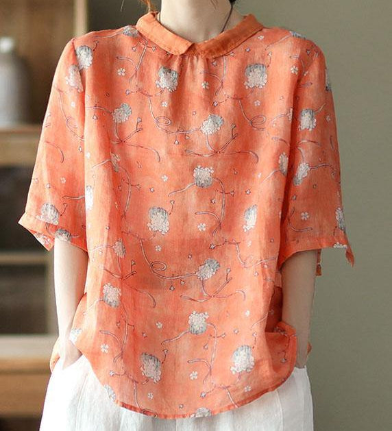 DIY Orange Print Ramie Half Sleeve Shirt Summer