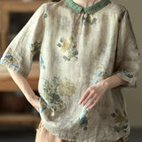 DIY Orange Print Ramie Half Sleeve Shirt Summer