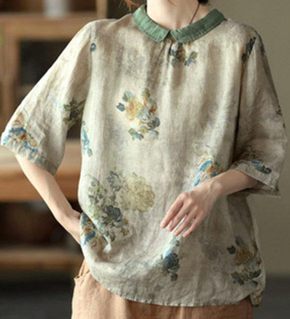 DIY Orange Print Ramie Half Sleeve Shirt Summer