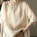 DIY Orange Print Ramie Half Sleeve Shirt Summer