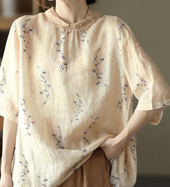 DIY Orange Print Ramie Half Sleeve Shirt Summer