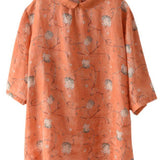 DIY Orange Print Ramie Half Sleeve Shirt Summer