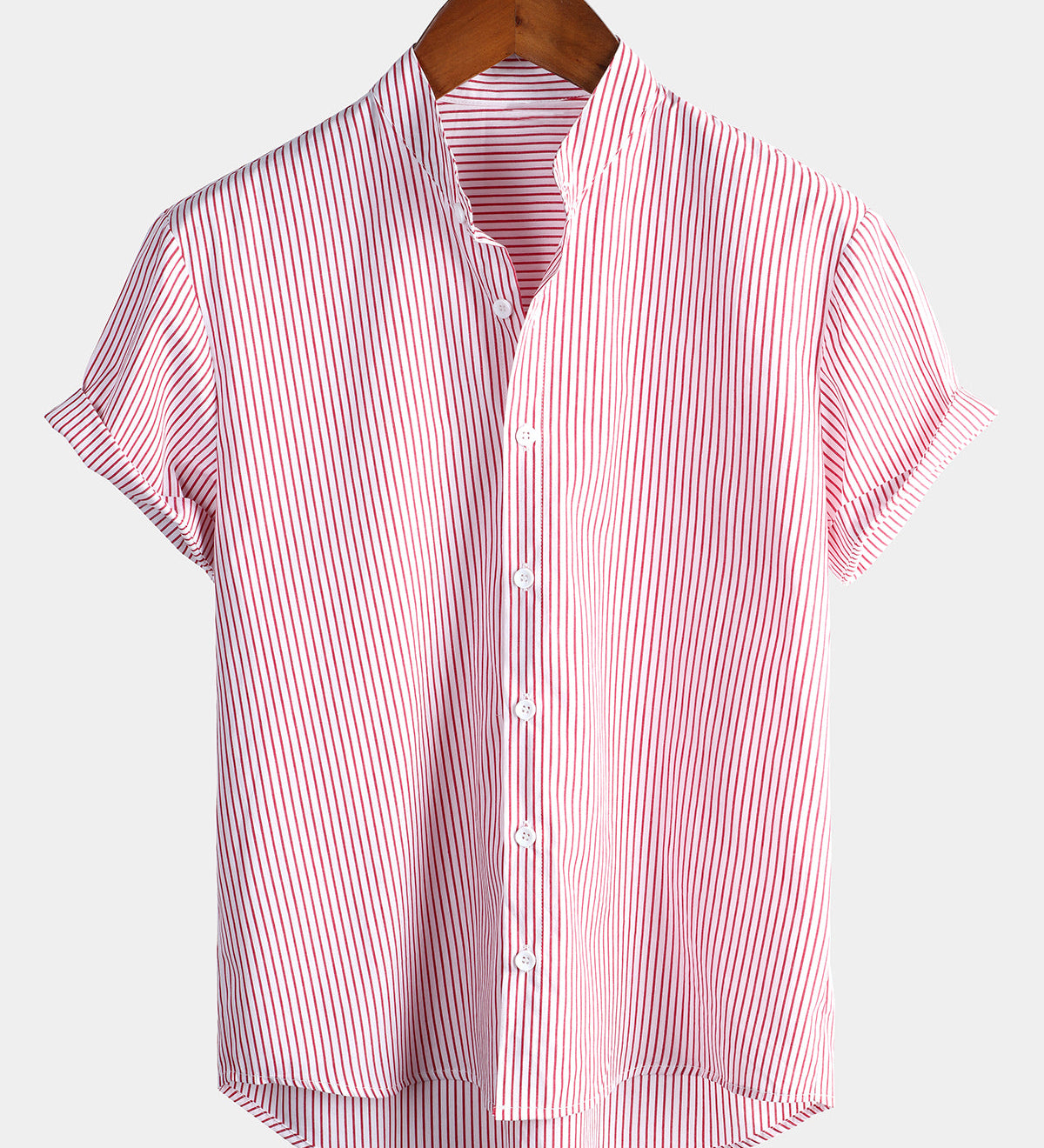 Men's Cotton Henley Breathable Stand Collar Solid Color Short Sleeve Classic Vertical Striped Shirt