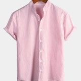 Men's Cotton Henley Breathable Stand Collar Solid Color Short Sleeve Classic Vertical Striped Shirt