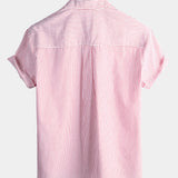 Men's Cotton Henley Breathable Stand Collar Solid Color Short Sleeve Classic Vertical Striped Shirt