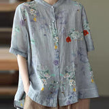 Elegant Blue Stand Collar Print Tops Half Sleeve