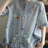 Elegant Blue Stand Collar Print Tops Half Sleeve