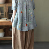 Elegant Blue Stand Collar Print Tops Half Sleeve