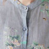 Elegant Blue Stand Collar Print Tops Half Sleeve