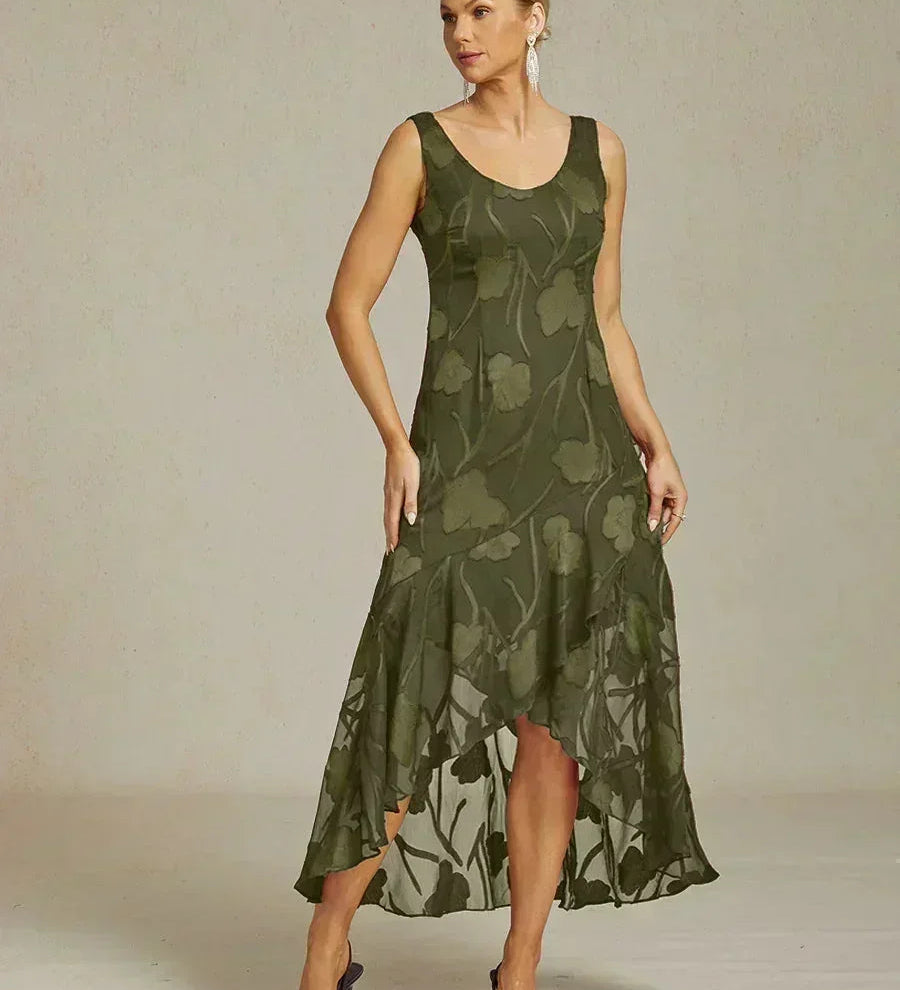 Floral Chiffon Sleeveless Evening Gown with Asymmetrical Hem