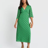 Green Foil Chiffon Midi Dress