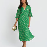 Green Foil Chiffon Midi Dress
