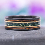 Whiskey Barrel & Moss Agate Wedding Band- 8MM Two Tone Gold/ Black Tungsten