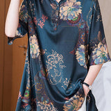 Italian Dark Blue Peter Pan Collar button Asymmetrical print Silk tops Spring