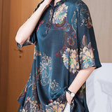 Italian Dark Blue Peter Pan Collar button Asymmetrical print Silk tops Spring