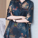Italian Dark Blue Peter Pan Collar button Asymmetrical print Silk tops Spring