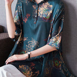 Italian Dark Blue Peter Pan Collar button Asymmetrical print Silk tops Spring