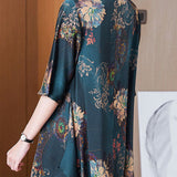 Italian Dark Blue Peter Pan Collar button Asymmetrical print Silk tops Spring